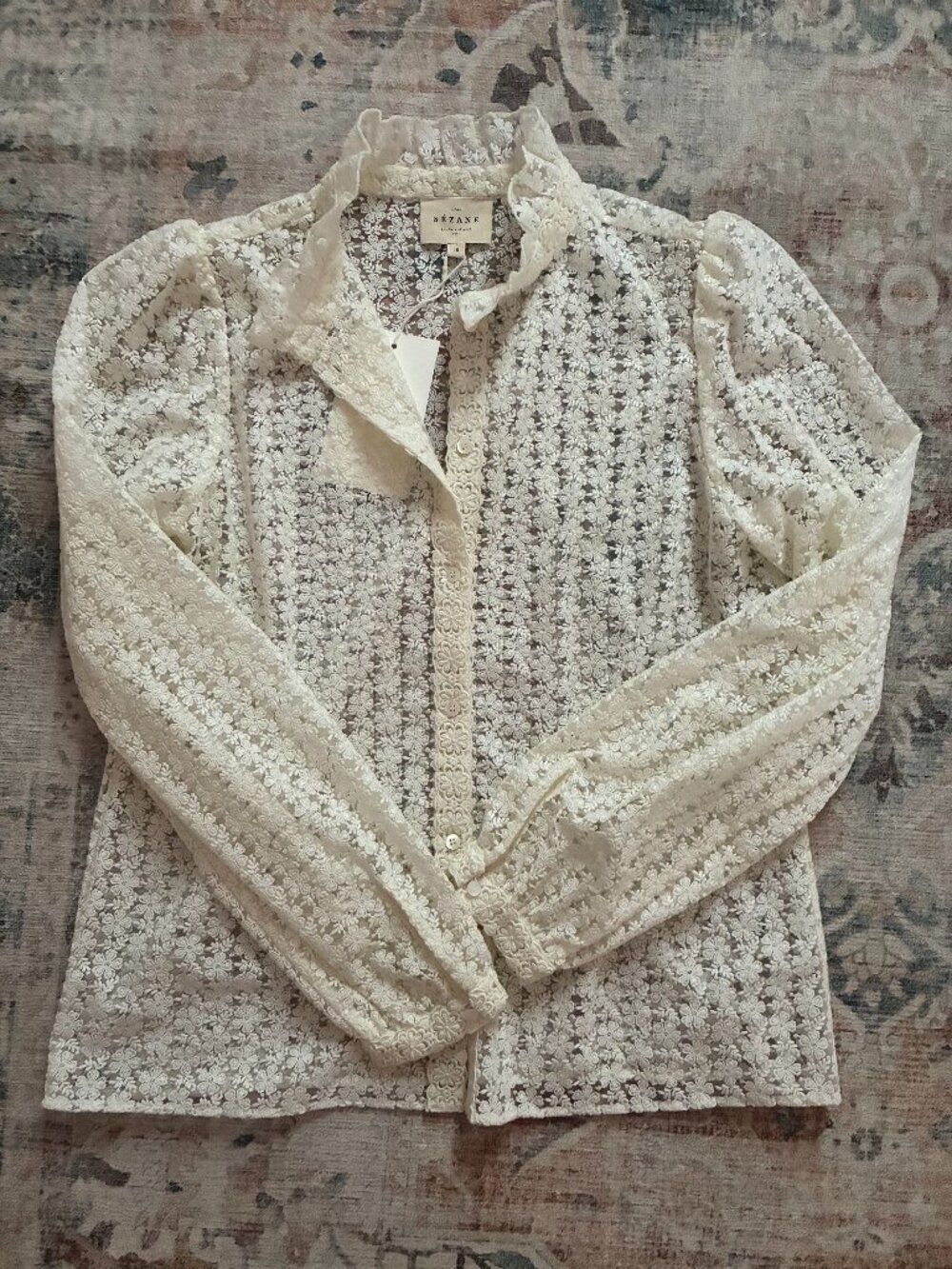 NWT Sezane Cathy Blouse Button Down Shirt Sheer Floral Ecru sz 40 or 8 US - Picture 4 of 7